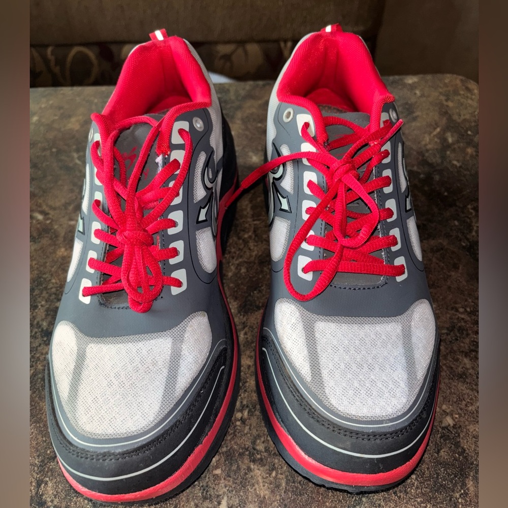 Gray and Red Athletic Shoes